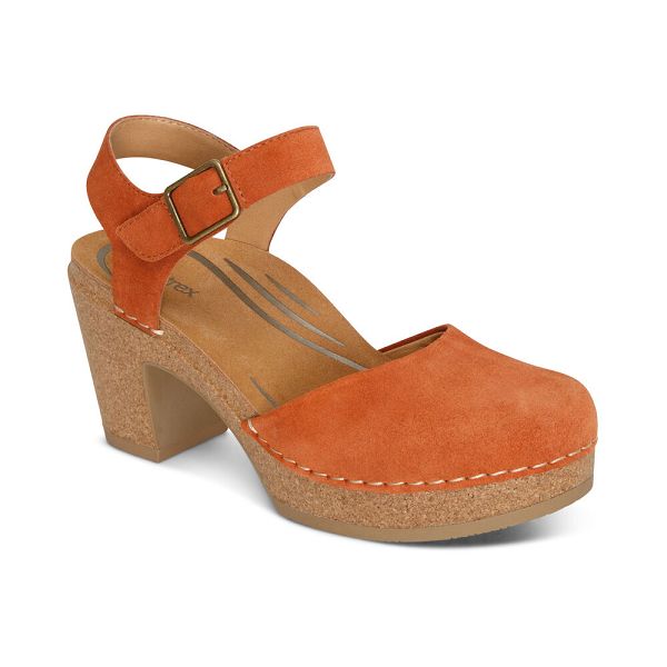 Aetrex Women's Finley Closed Toe Heel Wedge Sandals Orange Sandals UK 1284-410